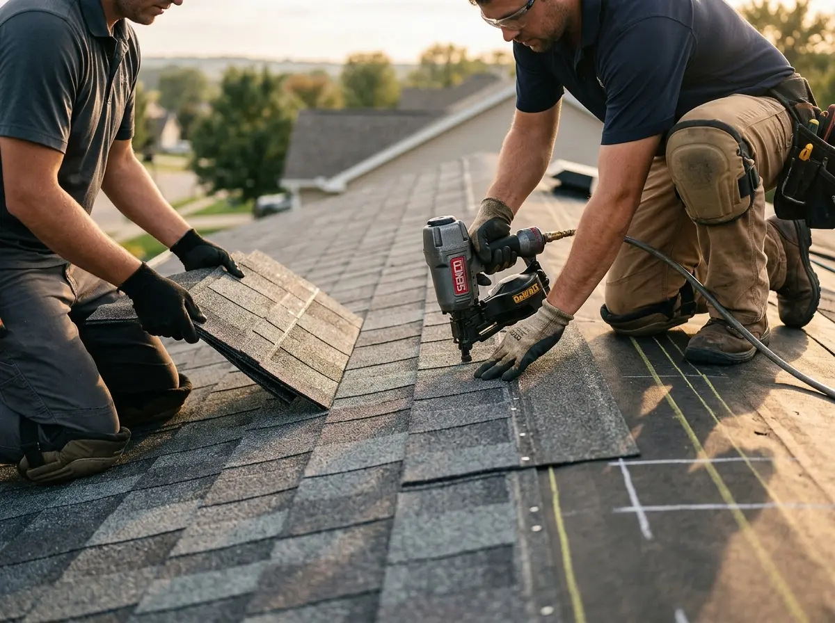 Professional roofer working on a residential roof in Woodland Park
